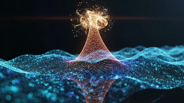 P323-Abstract data wave with glowing particle peak representing anomaly detection outlier detection signa 4K 10s