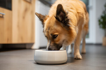 Dog eating from a bowl in a kitchen area during the day with soft lighting