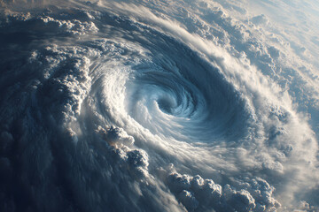 Swirling clouds form a large cyclone over the ocean during daytime in a dramatic weather event