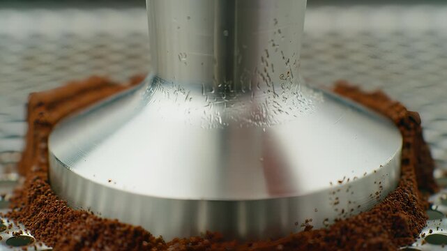 Close-up of a coffee machine tamping ground coffee, showcasing the art of espresso making