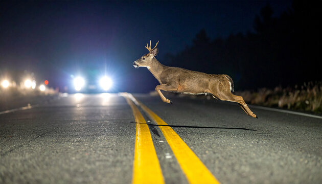 Deer leaping over double yellow lines on nighttime road, illuminated by car headlights, forest background, wildlife crossing, road safety awareness, dramatic moment