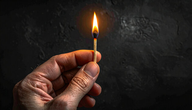 Hand holding match flame fire dark background dramatic lighting close up ignition safety energy warmth hope concept danger survival human finger burning black macro emotional single light source - Powered by Adobe