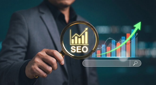 Businessman holding magnifying glass analyzing seo growth and digital marketing - Powered by Adobe