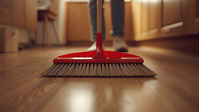 Person sweeping wood floor with broom in kitchen, household cleaning chore