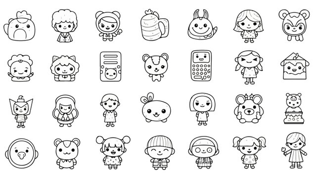 Big Set of 28 Outline Kawaii Toca Style Cartoon Avatars and Doodle Icons