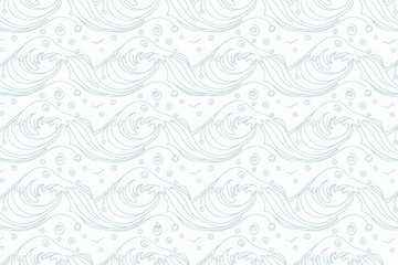 Seamless pattern of white waves, gentle ocean swells in a repeating design, minimalist background texture with soft gray lines and subtle turquoise accents