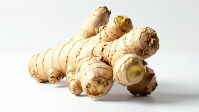 Close-up of a ginger root with its unique shape and texture.
