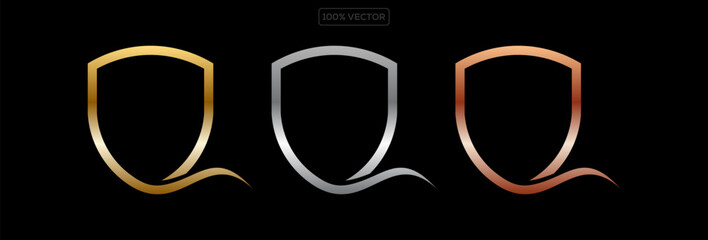 Shield Shape with Golden and Silver Gradient. Shield Logo with Metallic Finish