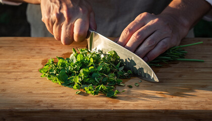 Close-up of chef hands chopping fresh herbs on wooden cutting board