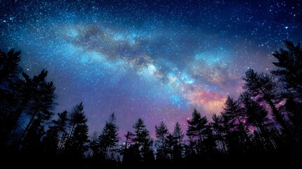 Fototapeta premium Celestial Canopy: Milky Way Over Forest Silhouette Night Sky