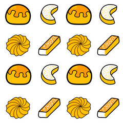 Seamless patern of Kue nastar or pineapple tart. illustration of Kue Lebaran from Indonesian traditional cookies for Eid Mubarak celebration. Nastar, Putri Salju, Kue Sagu and Kastengel.