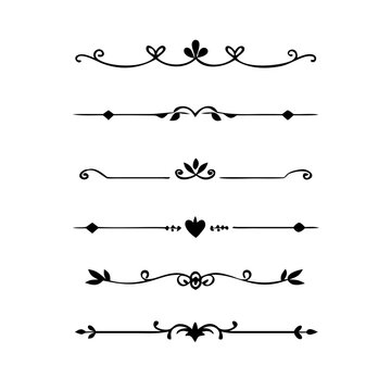 Text dividers doodle set. Wedding decorative elements. Divider ornament, borders, vintage line separators. Hand drawn vector illustration isolated on white background 