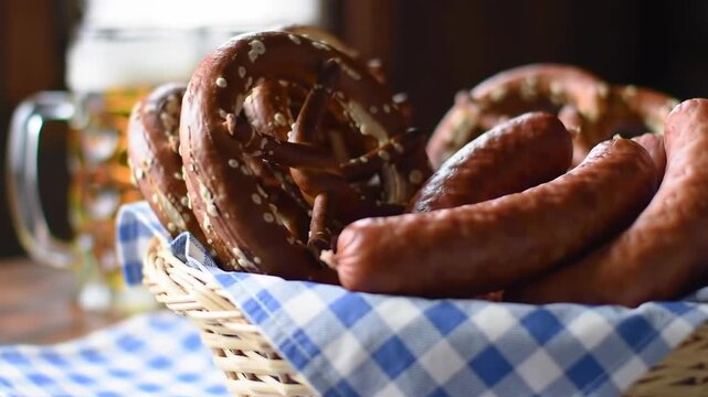 Bavarian Delights - Close-Up of Pretzels  Sausages with Beer.