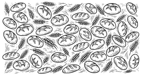 Sourdough bread background  pattern vector featuring hand drawn artisan loaves and wheat in a vintage rustic woodcut drawing style for organic bakery packaging design
