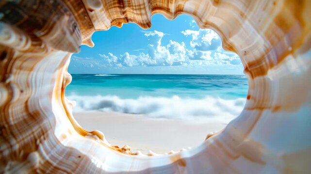 Seascape view through a seashell with turquoise ocean and a sandy beach.