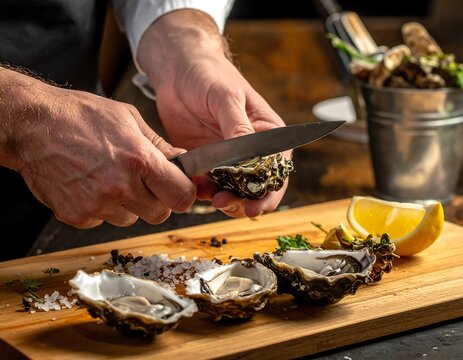 Hands shucking oysters on wooden board with lemon slice; metal bucket and blurred bkgd