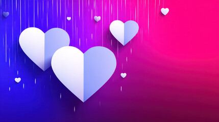 Paper heart decoration romance valentines love pink purple blue gradient background falling confetti