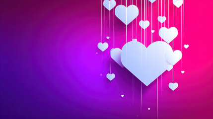 White paper hearts hanging on strings against pink purple gradient background evoking romantic celebration and love mood