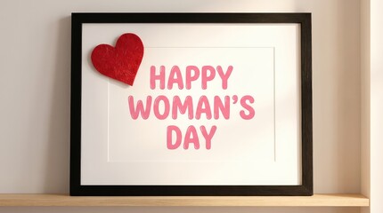 8 march womens day happy womans day message with a red heart displayed in a black frame against a light colored surface
