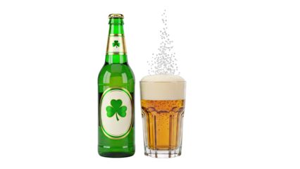 St. Patrick's Day Beer Bottle and Glass with Bubbles