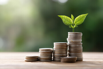 Young plant growing from stacked coins symbolizing investment growth and sustainable savings