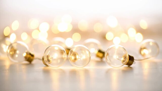 Warm light bulbs glow softly on a neutral surface, creating a cozy atmosphere.