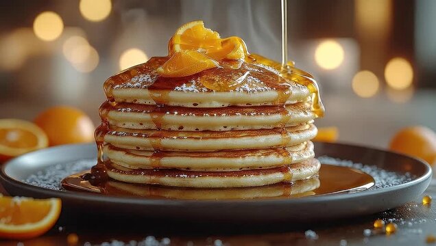 Delicious pancakes with orange slices and syrup, perfect for breakfast or brunch, food.