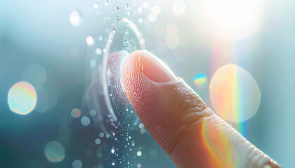 The Art of Touch: A close-up shot of a human finger, elegantly interacting with a raindrop-covered surface, evoking a sense of connection and exploration.