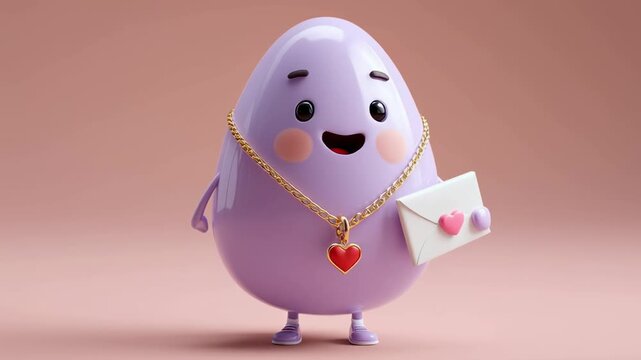 Cute character purple toy love letter heart necklace pastel 3d render happy cartoon character