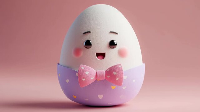 Cute egg pastel pink smiling face 3D egg character kawaii bow tie joyful pastel illustration