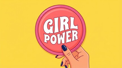 8 march womens day hand holding a round sign with the words girl power written on it against a yellow colored surface