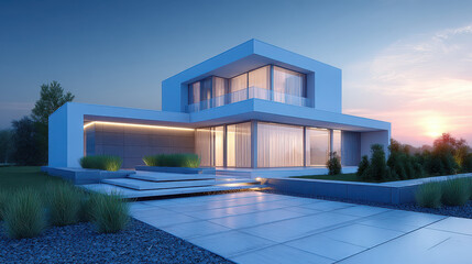 Luxury house exterior modern lifestyle sleek architecture pool terrace evening sunset contemporary minimalism