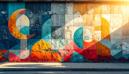 abstract street art mural on textured urban wall with vibrant geometric shapes sunlit ideal for creative design ideas.