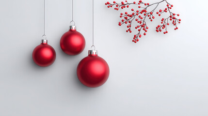 Red Christmas ornament hanging on minimal white background with red berry branch and copy space, festive calm holiday scene