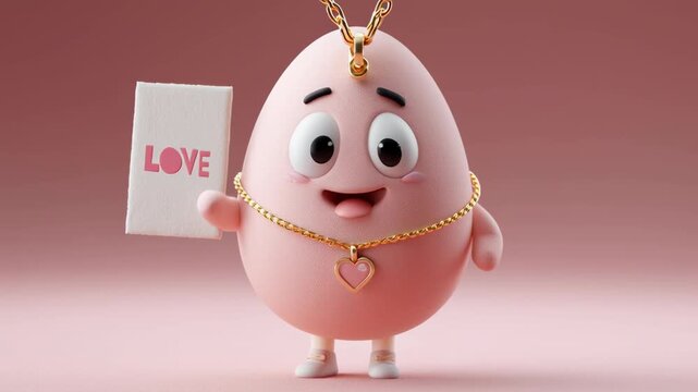 Cute character love card jewelry pink egg cartoon heart necklace gold chain charm 3d render