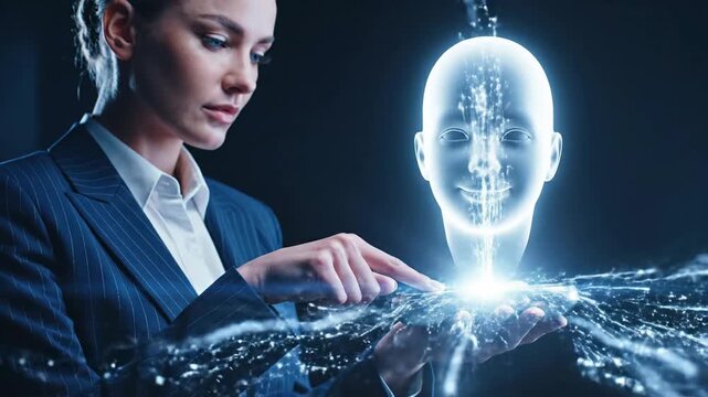 Woman Interacting with Virtual Human Head.