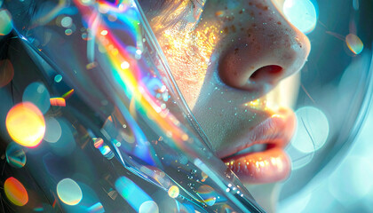 Space Dreamer: This captivating image showcases the side profile of a person in a futuristic, iridescent space helmet. Reflections of light dance across the surface, giving off a mesmerizing effect. 