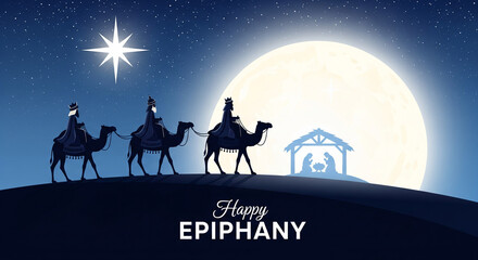 Happy Epiphany Greeting Card with Three Wise Men and Star of Bethlehem Silhouette