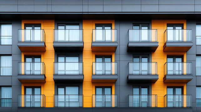 Modern apartment facade with repeating balconies and orange panels creating rhythmic architectural pattern, clean lines and modern urban mood