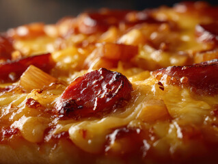 Pepperoni pizza melted cheese appetizing close up warm tones savory slice