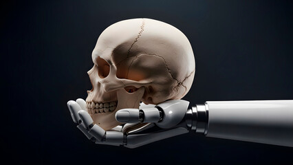 Robotic Hand Holding Human Skull Representing AI Ethics and Future of Humanity.
