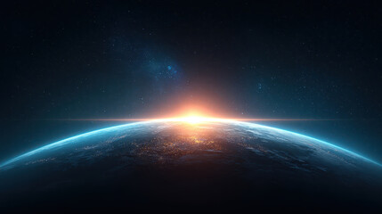 Fototapeta premium Planet sunrise over Earth horizon glowing atmospheric light, space sunrise over planet horizon with city lights and stars