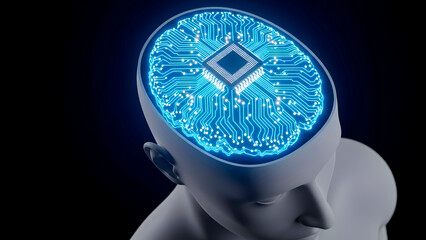 Human Head with Glowing Circuit Board Brain and CPU Representing Artificial Intelligence and Machine Learning.
