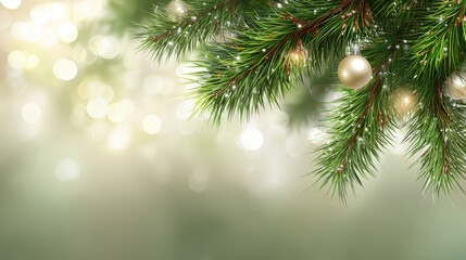 Green pine branch bokeh ornament evergreen needle festive light garland sparkle