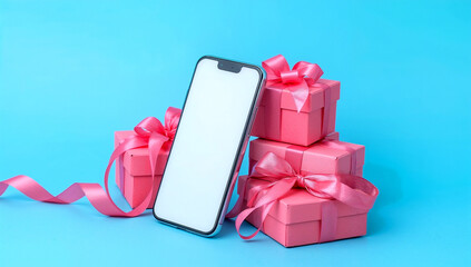 Smartphone leaning on pink gift boxes with ribbon