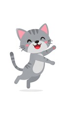 Obraz premium Happy gray cartoon cat with stripes jumping and waving, smiling, on white background