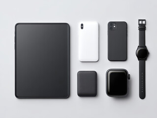 Black tablet smartphone smartwatch wireless charger portable battery sleek devices flatlay modern minimal style technology