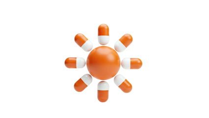 Sun formed by orange and white capsules on a white background