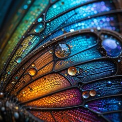Macro Close-up of Surreal Butterfly Wing with Ornate Stained Glass Texture and Iridescent Gemstone Droplets