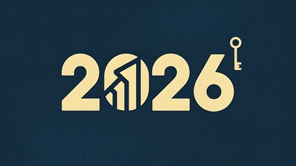 A professional digital graphic featuring a graphic design with the year 2026 and a key illustration on a dark blue background with gold color scheme and abstract shape